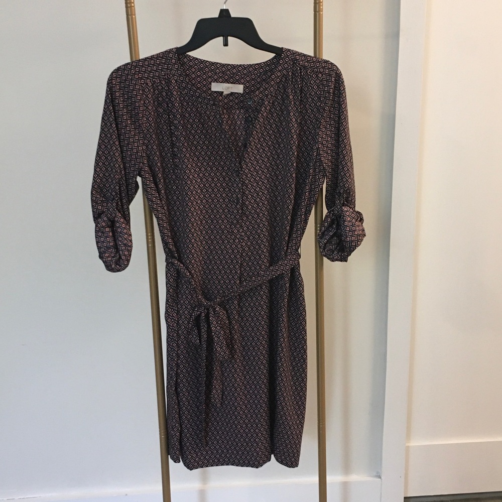 LOFT Navy Printed Long Sleeve Wrap Dress